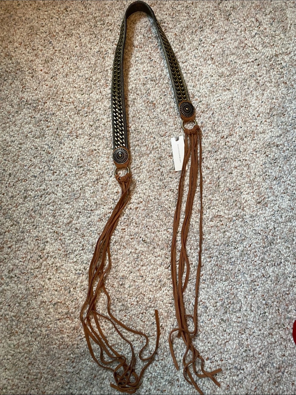 Anthropologie Boho Tassel Braided Leather Belt Strap - Brown